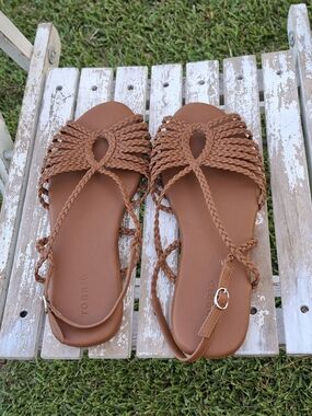 torrid Braided Strap Flat Sandals in Cognac Brown